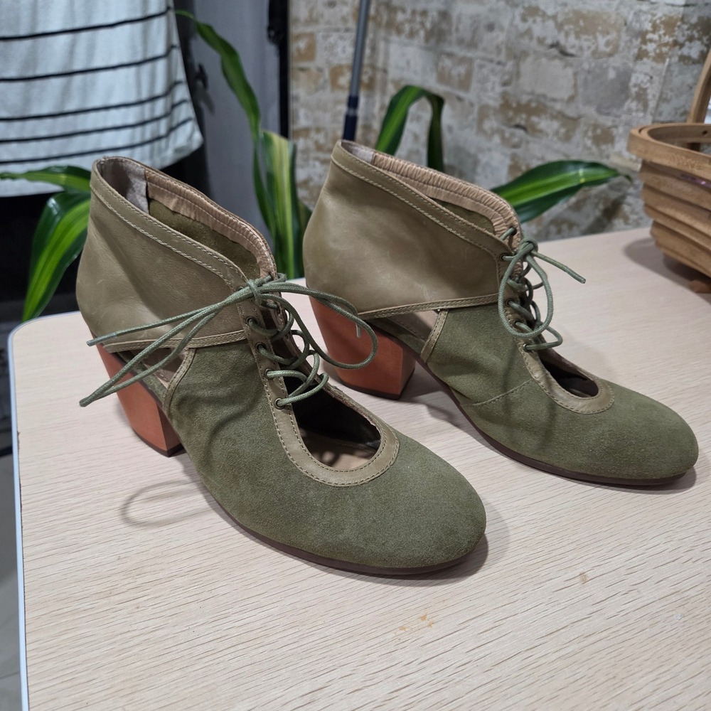 Latigo Soleil Olive Green Suede Leather Lace Up Cutout Block Heel Booties 11M